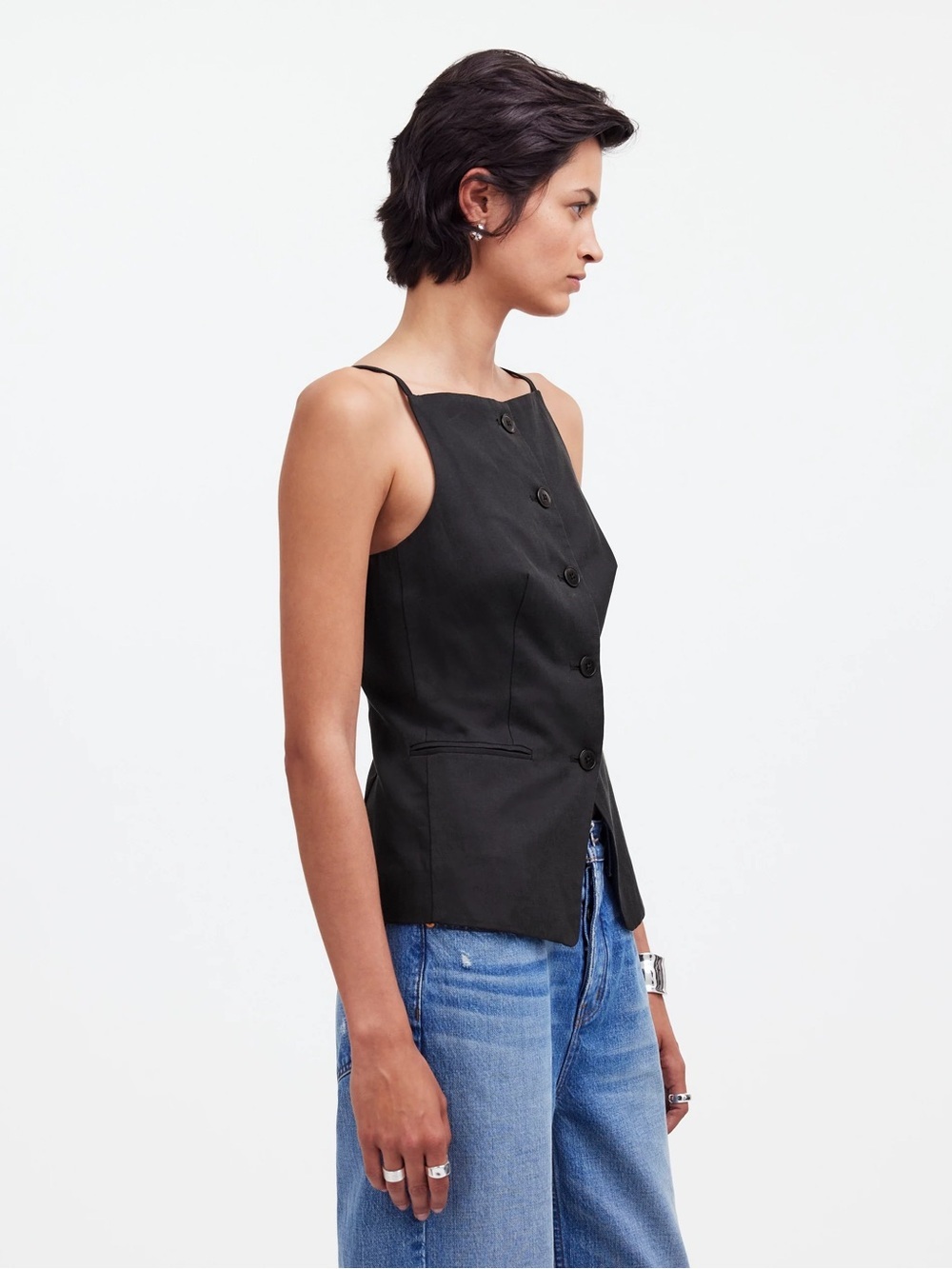 Madewell Square-Neck Drapey Twill Vest Black Button-Front Summer Capsule | 8